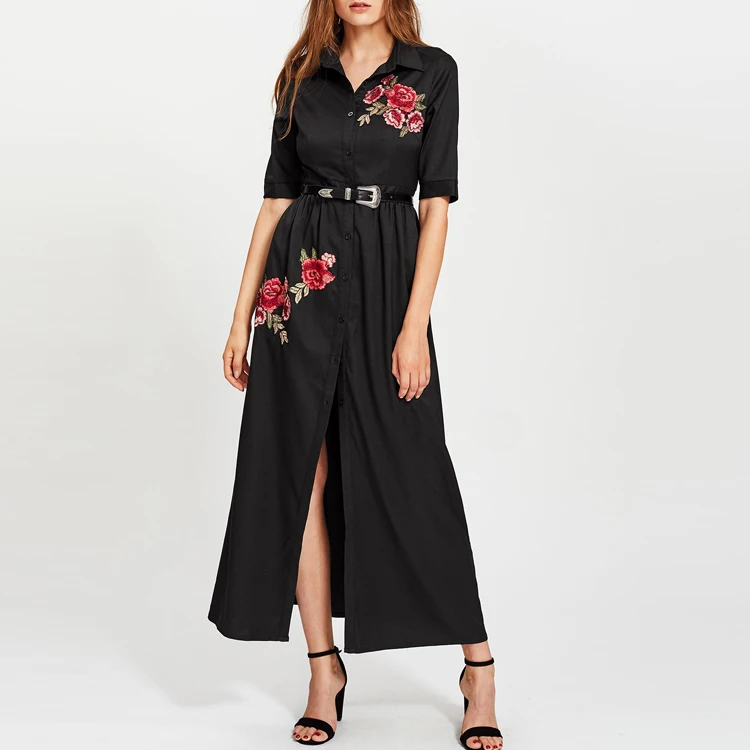 

Latest spring and summer black work shirt embroidered button-down lapel dress