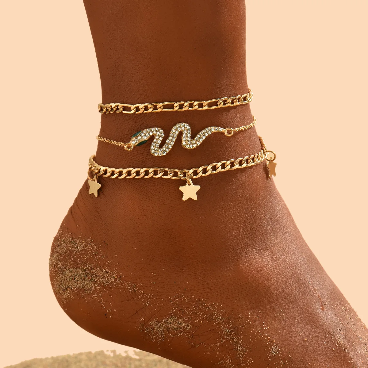 

Hot Sale Bohemia Summer Beach Snake Star Anklet Adjustable 3pcs/set Gold Plated Anklet For Women And Girls