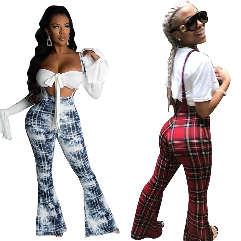 

MT28-6151 Personalized check print suspender wide-leg overalls