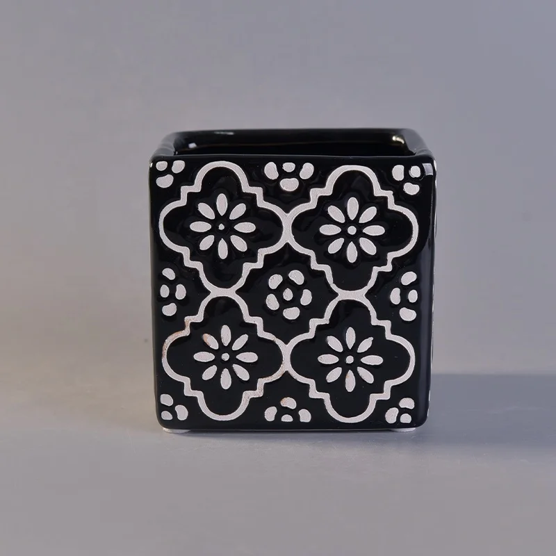 Home Decorative Square Black Ceramic Candle Vessel Empty