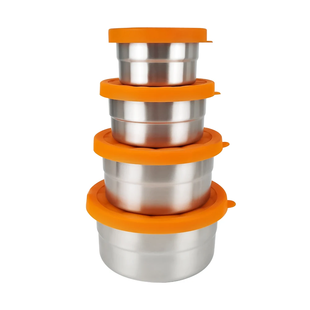 

LIHONG Small Round Stainless Steel Food Container with leak proof silicone lids sauce box, Orange lid