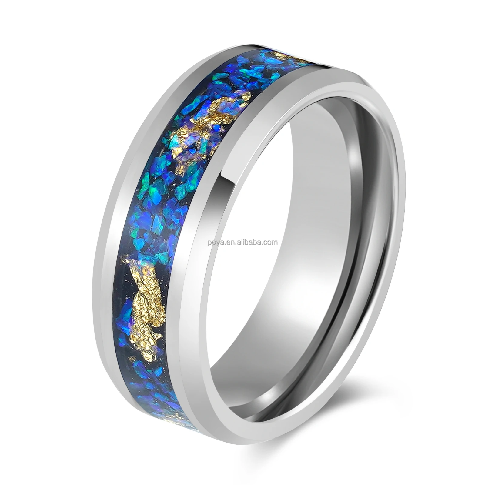 POYA 8mm Unisex Steel Tungsten Carbide Ring with Blue Opal Gold Leaf Inlay Trendy Wedding Band for Men's Engagement Party Gift