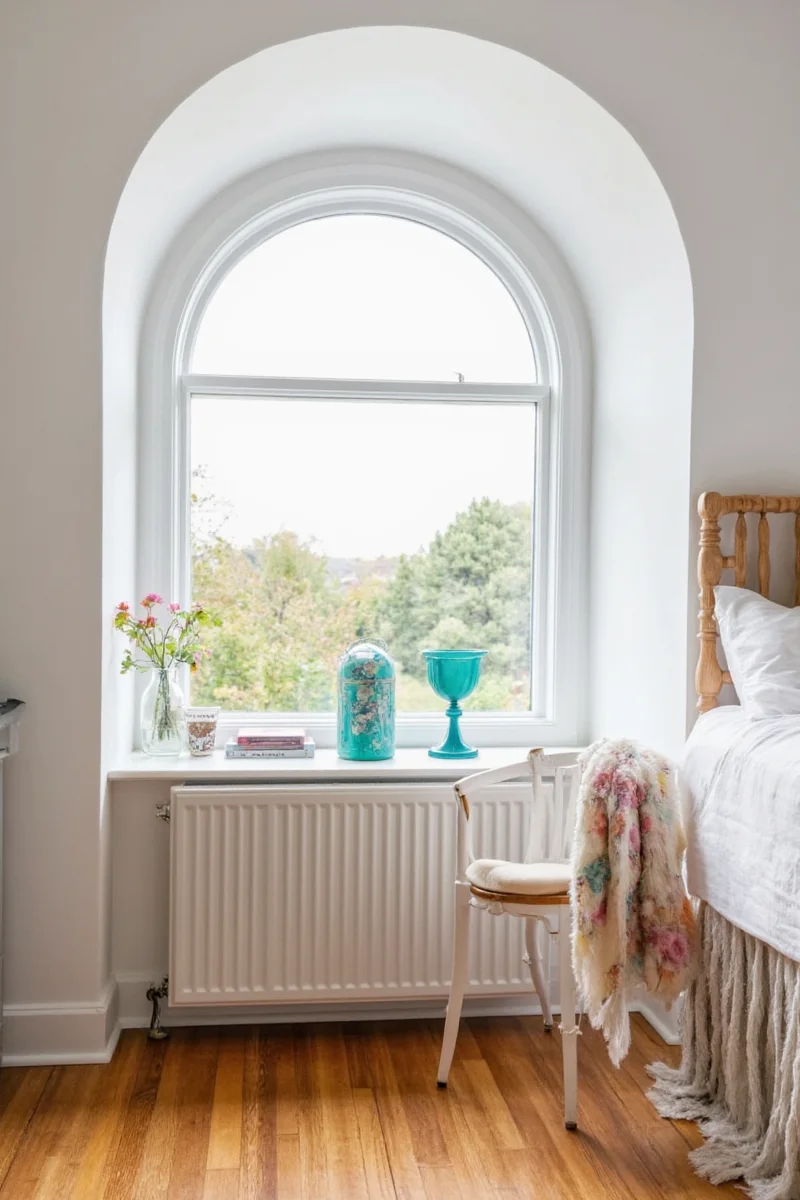 Round window covered with soft fabric panel