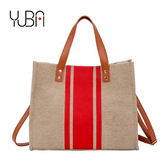 

New Color Matching Weaving Big Handbag Fashion laptop Women Handbag Straw canvas tote bag leather handle, Customized color