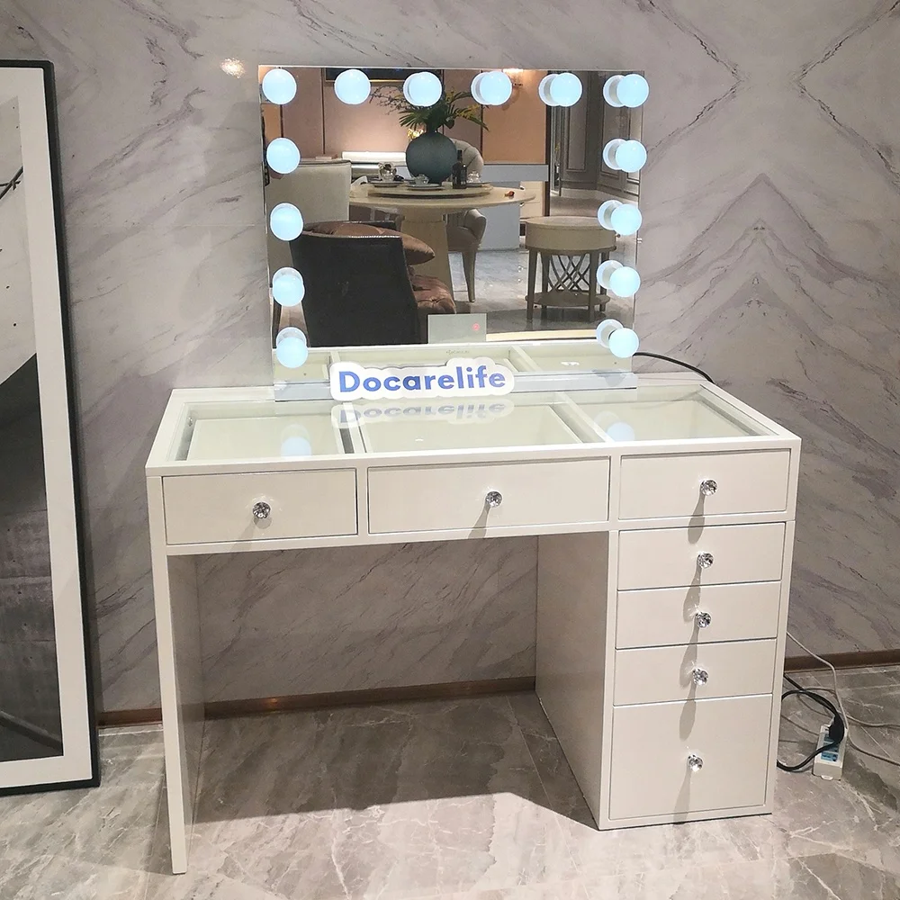 

Docarelife Modern Wooden White Girls Makeup Desk Hollywood Vanity Table with Lighted Mirror