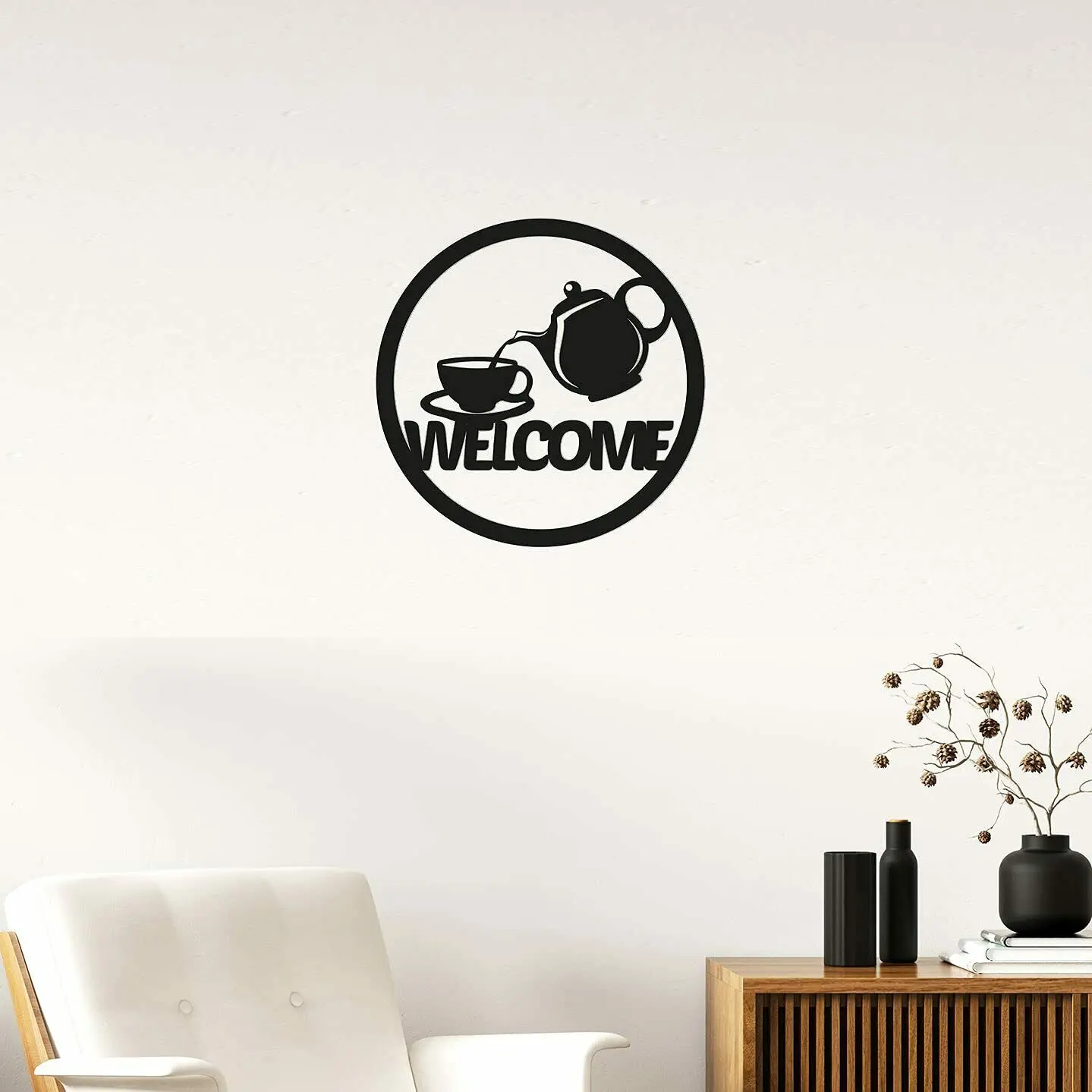 

Teapot Welcome Metal Sign | Tea Time Welcome Sign Tea Pot and Saucer TY2691, Black