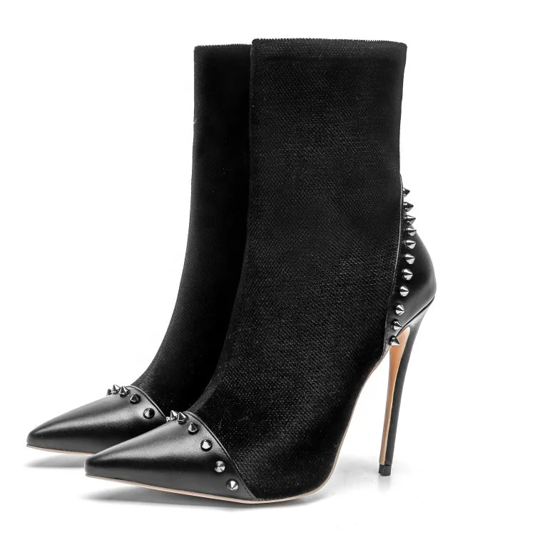 

Women Black High Heel Ankle Boots Pointed Toe Rivets Studs Booties Stretch Kitted Fabric Stiletto Lady Dress Short Boots