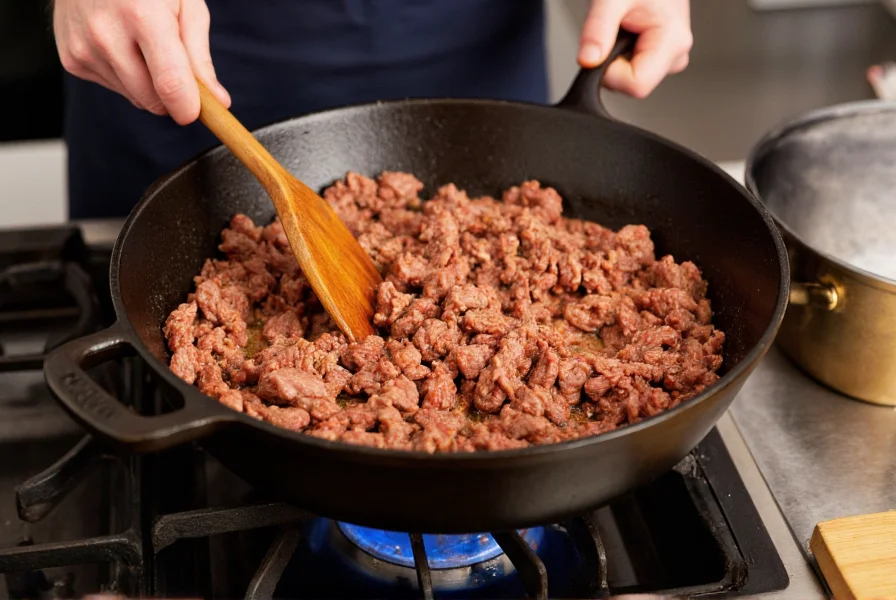 Professional chef browning ground beef and diced stew meat in cast iron pot for meaty chili recipe