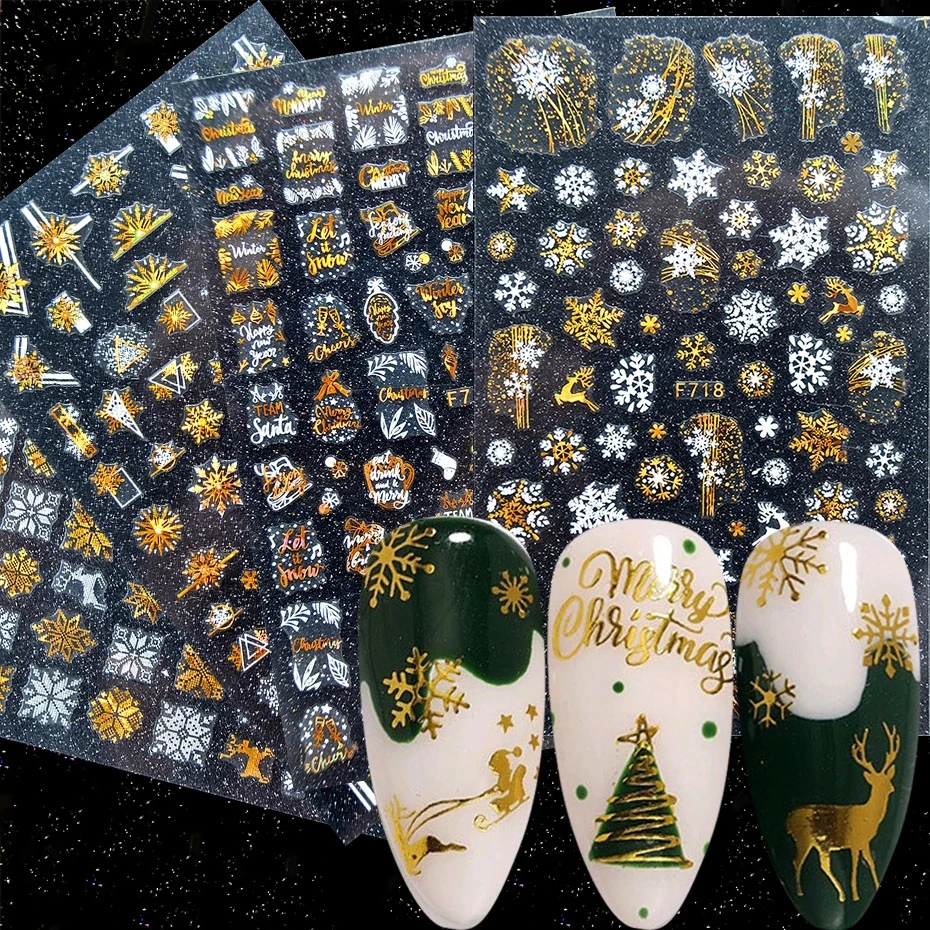 

Holographic Laser Gold White Christmas Nail Sticker 5D Snowflakes Leaf Geometry Lines Letter For Manicure Sliders