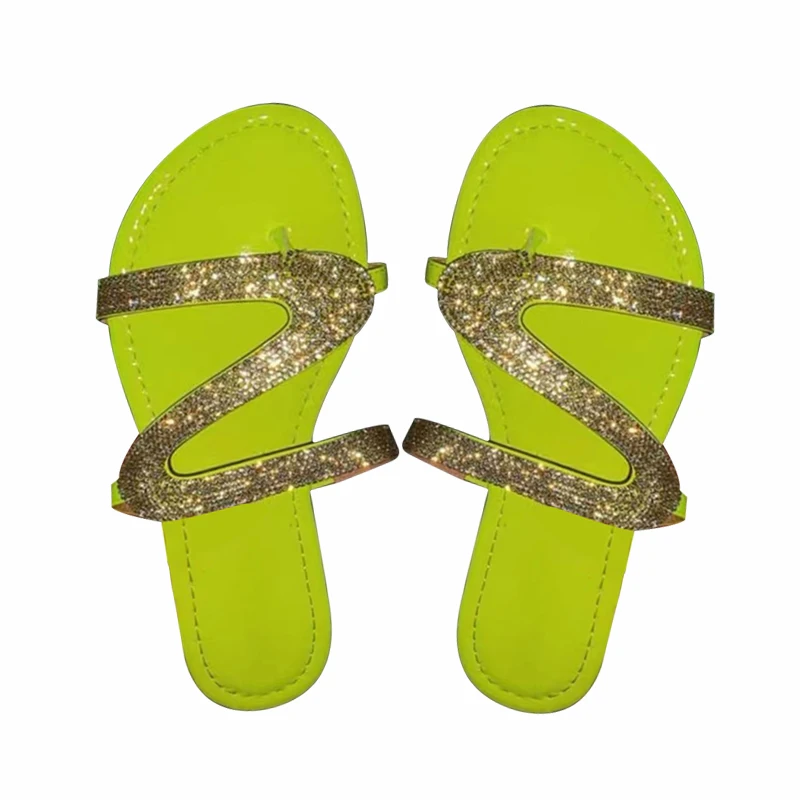 

New Fashion Women Summer Diamond Plush Font Flat House Slippers