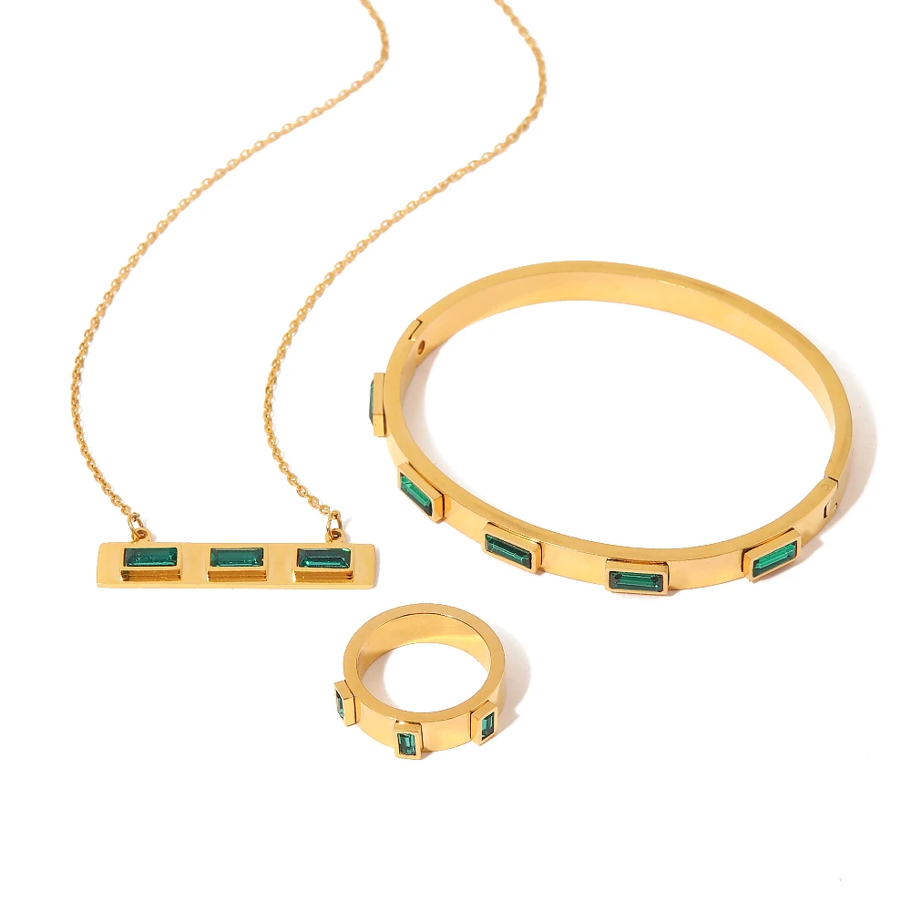 

Trendy Zircon Bangle Stainless Steel Square Inlaid Emerald Green Cubic Zirconia Ring Necklace Set