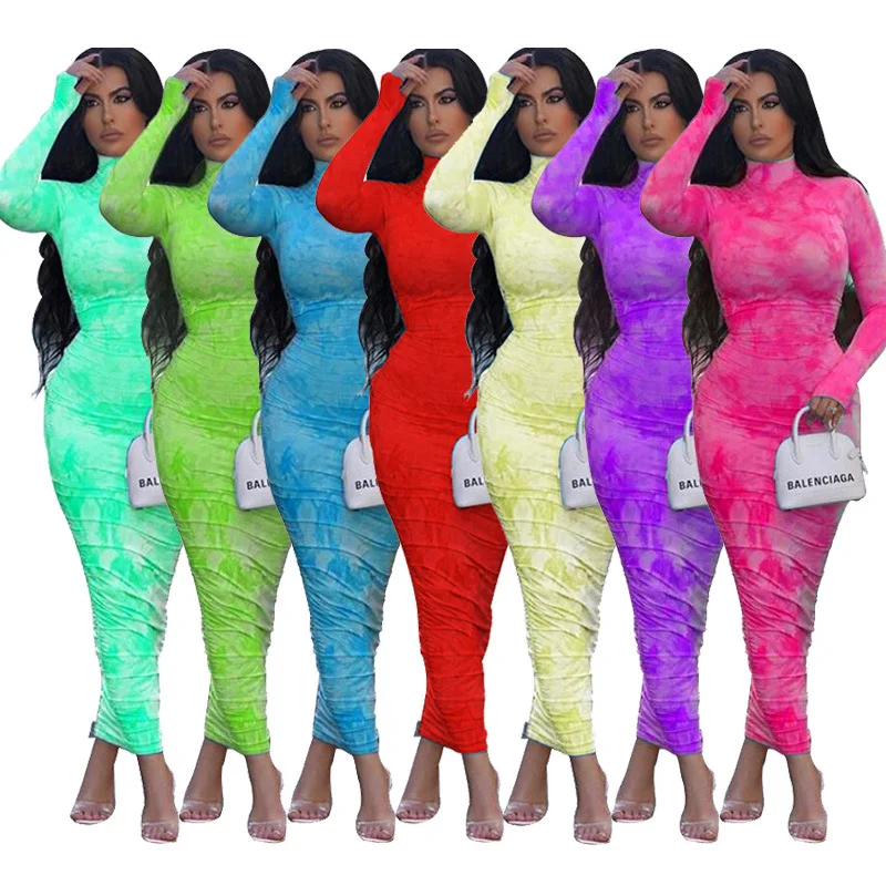 

2020 Autumn Fashion Tie-dye Lady Elegant Long Sleeve Sexy Night Clubs Maxi Bodycon Cocktail Women Dresses, As picture