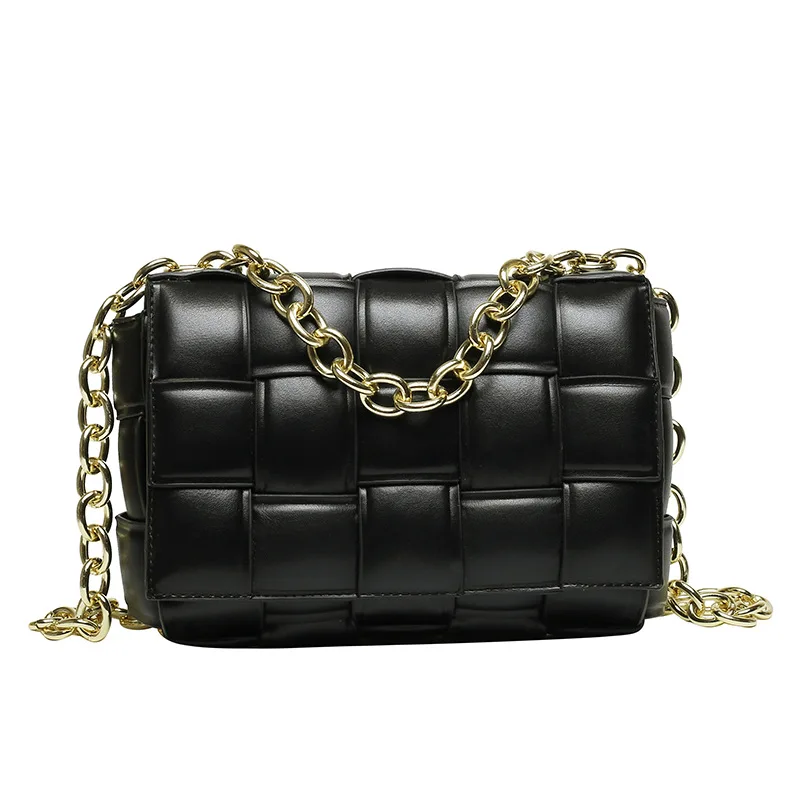 

2021 new arrival designer clutch purse PU square shoulder bag women fashion weave Gold chain Crossbody handbag, Black