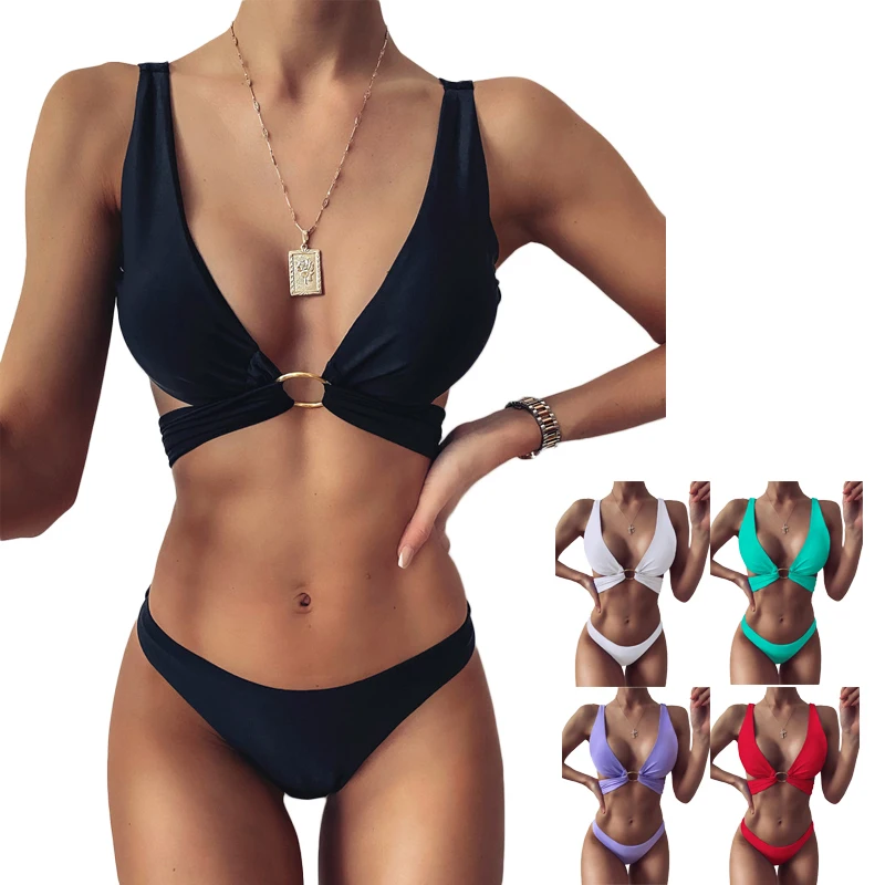 

Cute Teenager Bikini 2021 New Bandage Deep V Sexy Swimsuit Low Waist Bikini Swimwear Thong, Black