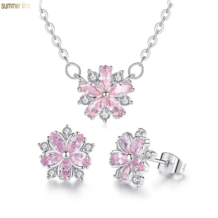 

Silver Women Cherry Blossoms Zirconia Sakura Flower Pendant Clavicle Chain Necklace Stud Earrings Jewelry Set, Silver, pink