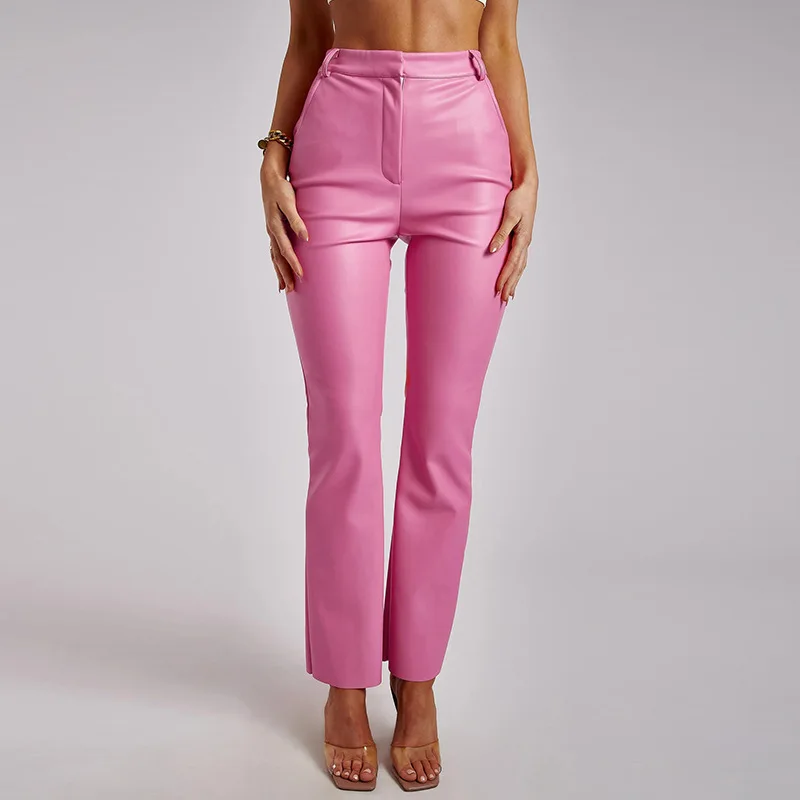 

YD - SUM4297A High quality fashion ladies faux PU pink pants stretch fleece straight leather pants women