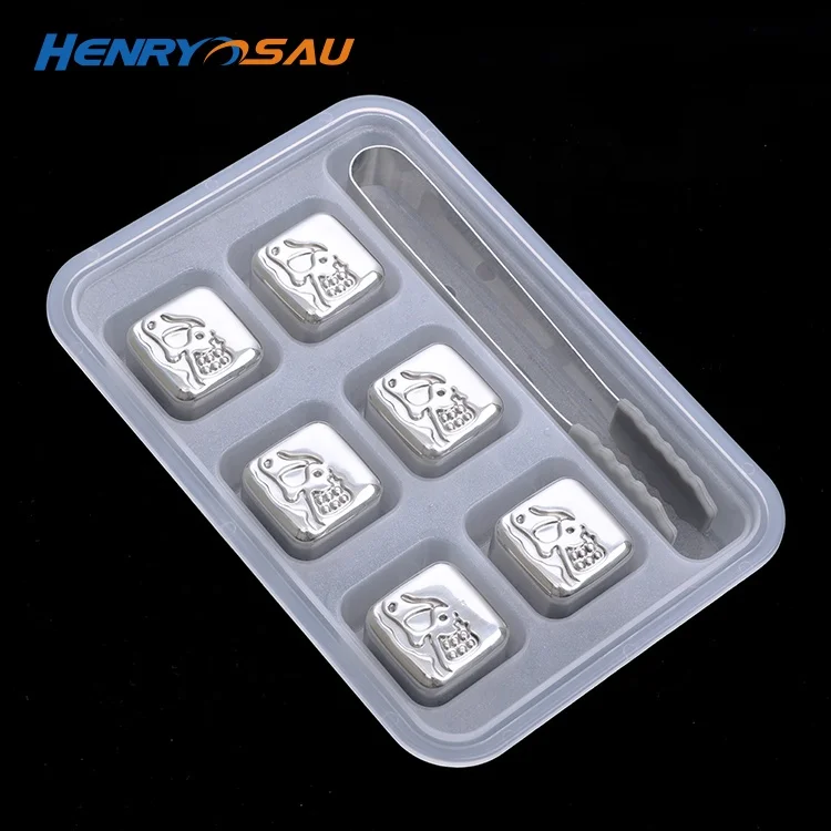 

Bar Accessories 6pcs Cube Stainless Steel Chilling Stones Reusable Skull Head Ice Cubes Set of 6, Sliver, gold