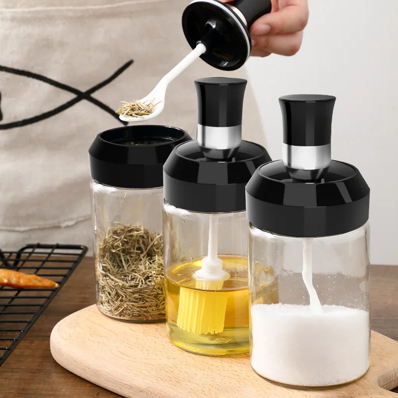 

New Arrival Pepper Cruet Oil Bottle Spoon Cover Glass Honey Seasoning Bottle Moistureproof Kitchen Condiment Jar Home Kitchen