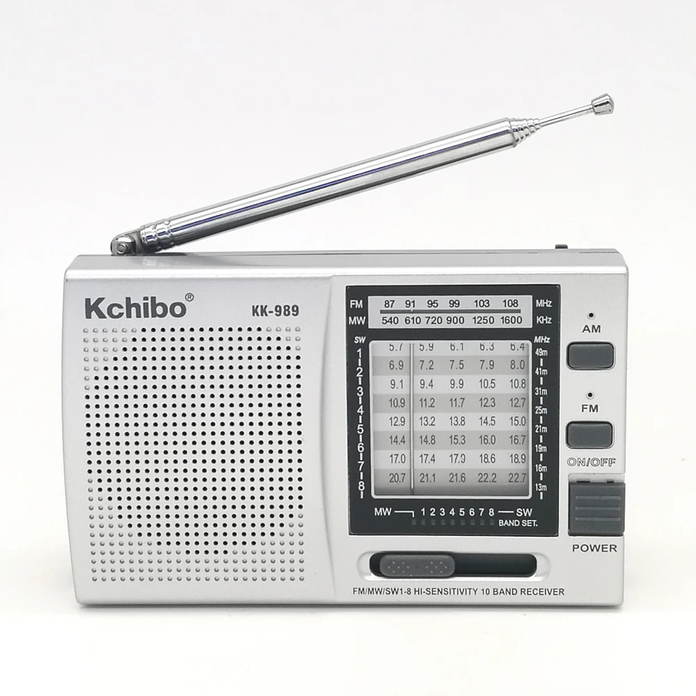 

Kchibo KK-989 Portable AM/FM/SW1-7 10 Bands Shortwave Radio Receivers Pocket Multi band Radio, Silver