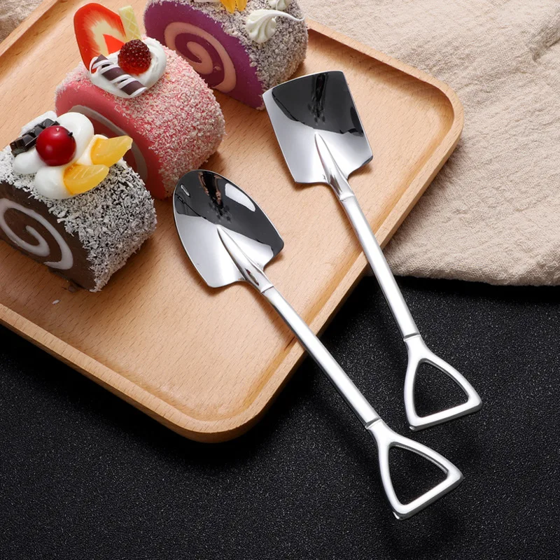 

M136 Kitchen Cafe Stir Mix Sugar Ice Cream Cake Coffe Fruit Watermelon 304 Stainless Steel Shovel Spade Shaped Dessert Spoon, Silver