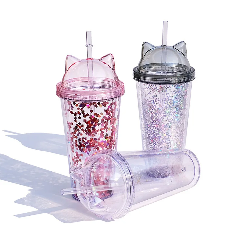 

Top Sell Summer Cat Ear Glitter Double Layer Wall Cat Ear Sippy Cups Coffee Mug Tumbler Plastic Cup With lid And Straw