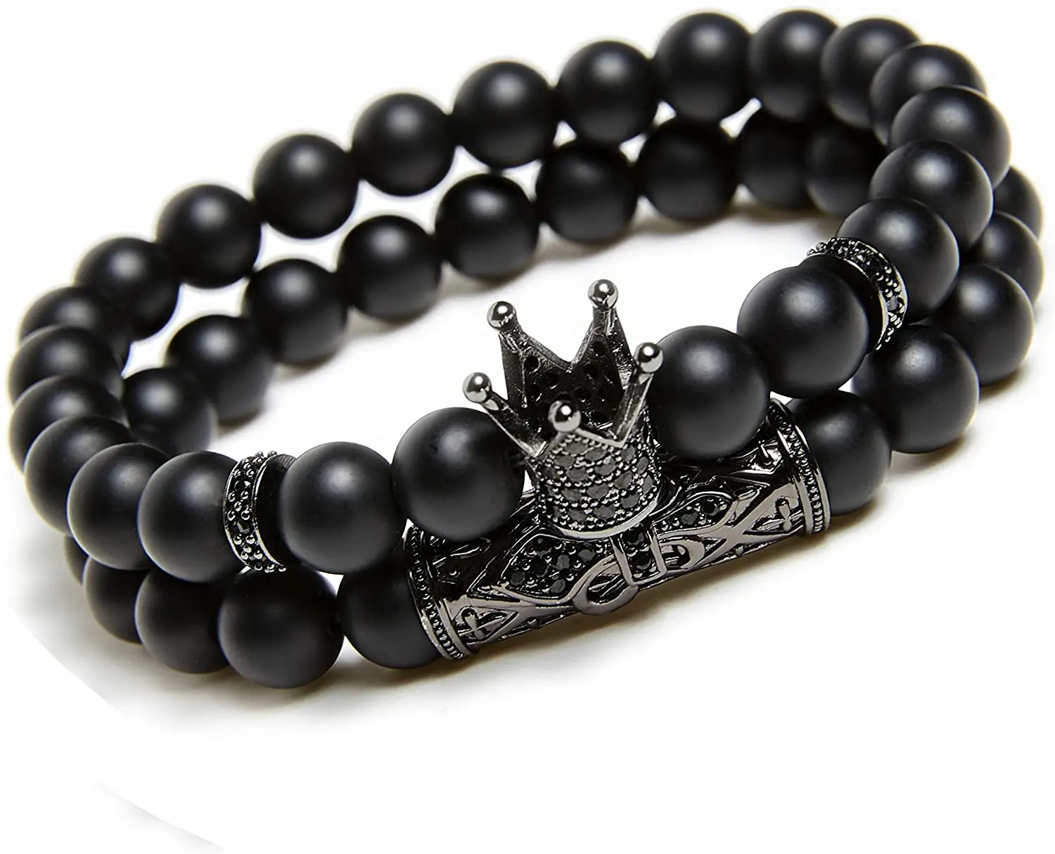 

Black Matte Beads Bracelets 8mm Onyx Stone Bracelets Sets Charm King Crown for Women Men Jewelry, Silver plated
