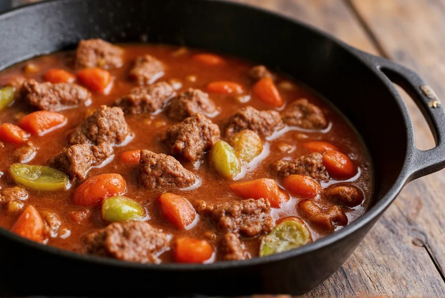 Cast iron pot with rich brown beef chunks and vegetables for beefy chili recipe