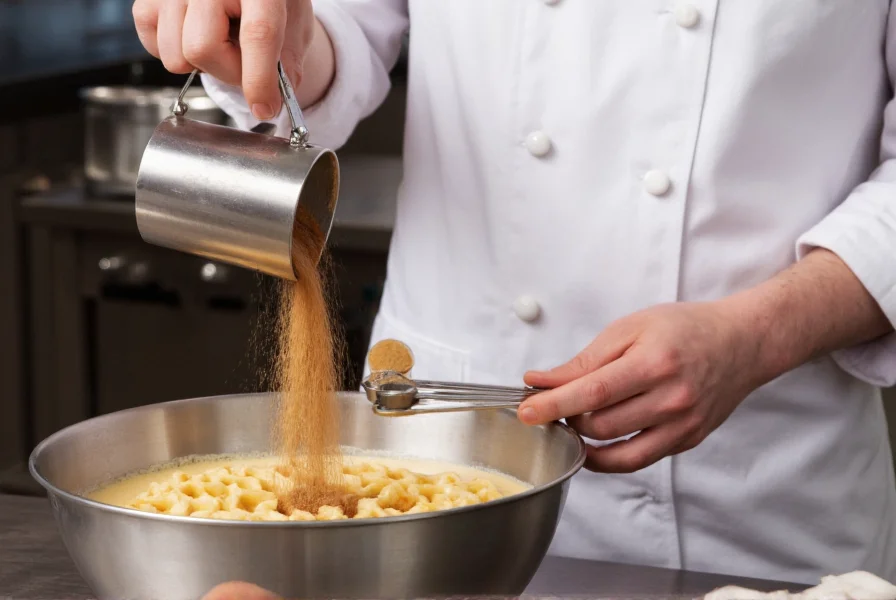 Professional chef pouring cinnamon into waffle batter in stainless steel bowl with measuring spoons