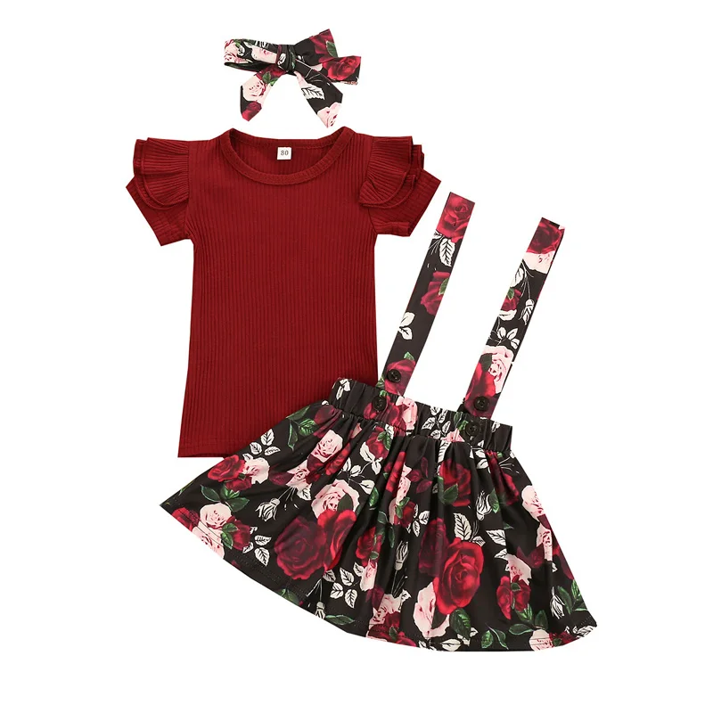 

Girls 3 Piece suit Sets solid top floral skirts headband sets kids Suit Outfits summer