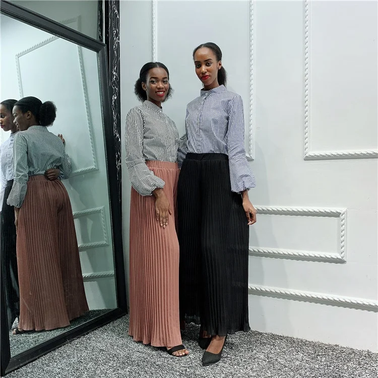 

Fashion Muslim women chiffon pleated wide-leg pants high waist trousers, Khaki,black