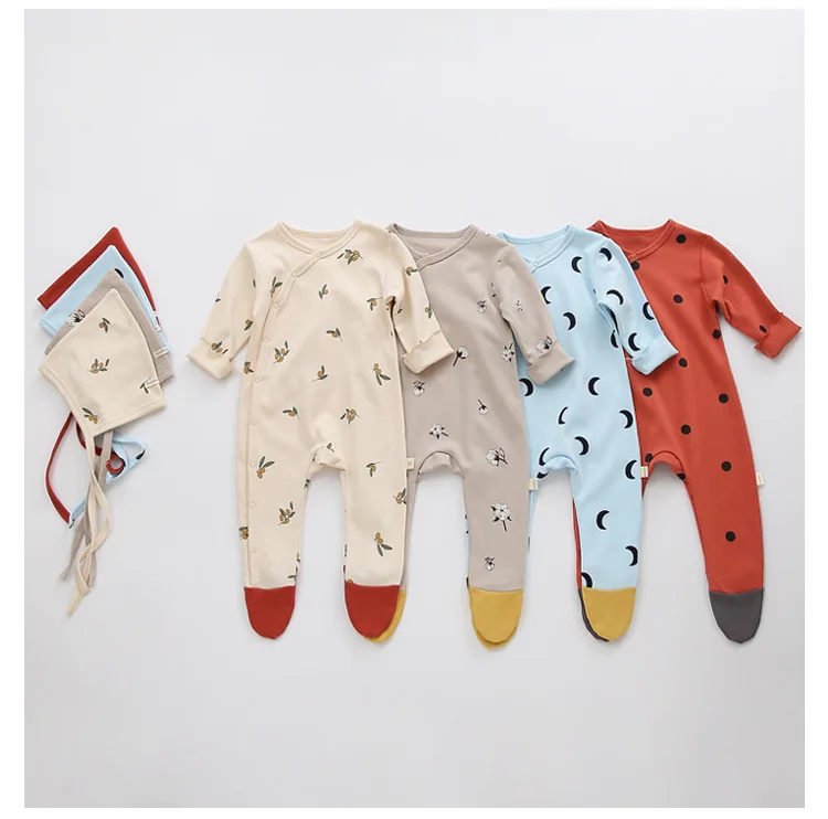 

0-2Y 2021 spring autumn new baby cotton footwear pajamas ins baby long-sleeved one-piece newborn baby romper jumpsuit with hat