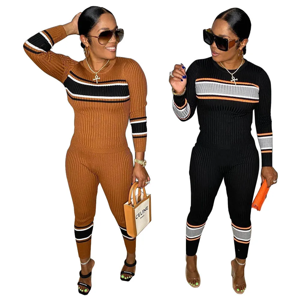 

Z65443 Fashion knitting Stretch outfits long sleeve Patchwork color Fall women Casual two piece Pants set, As picture shows