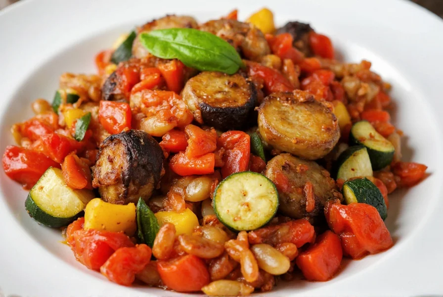 Colorful Mediterranean dish featuring roasted red peppers, eggplant, and zucchini