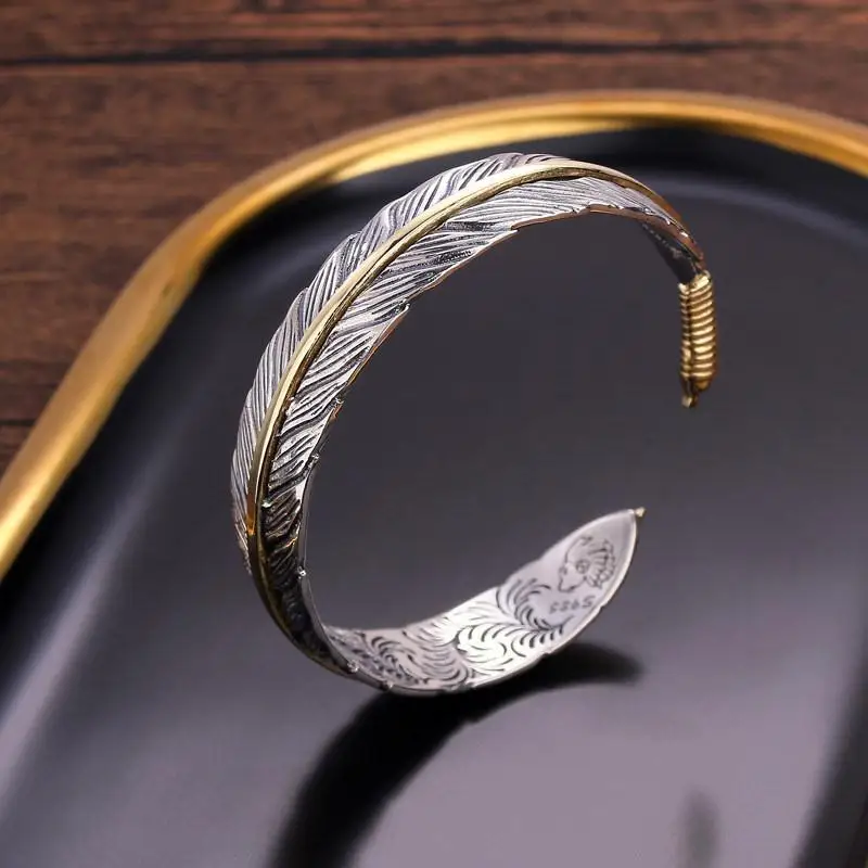 SC Popular Classic Adjustable Opening Bracelet Fashion Mature Silver Plated Bracelet Vintage Feather Bracelet for Men