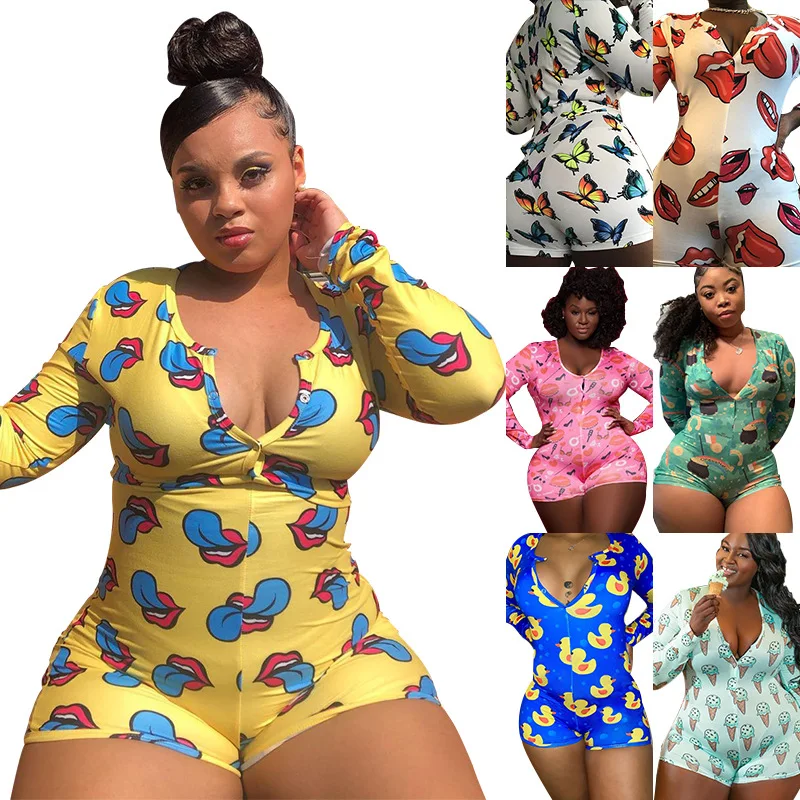 

Wholesale Women's Multicolor Print Plus Size 5XL One-Piece Pajamas Long Sleeves Romper Ladies Sexy Onesize Sleepwear, As pictures or customized