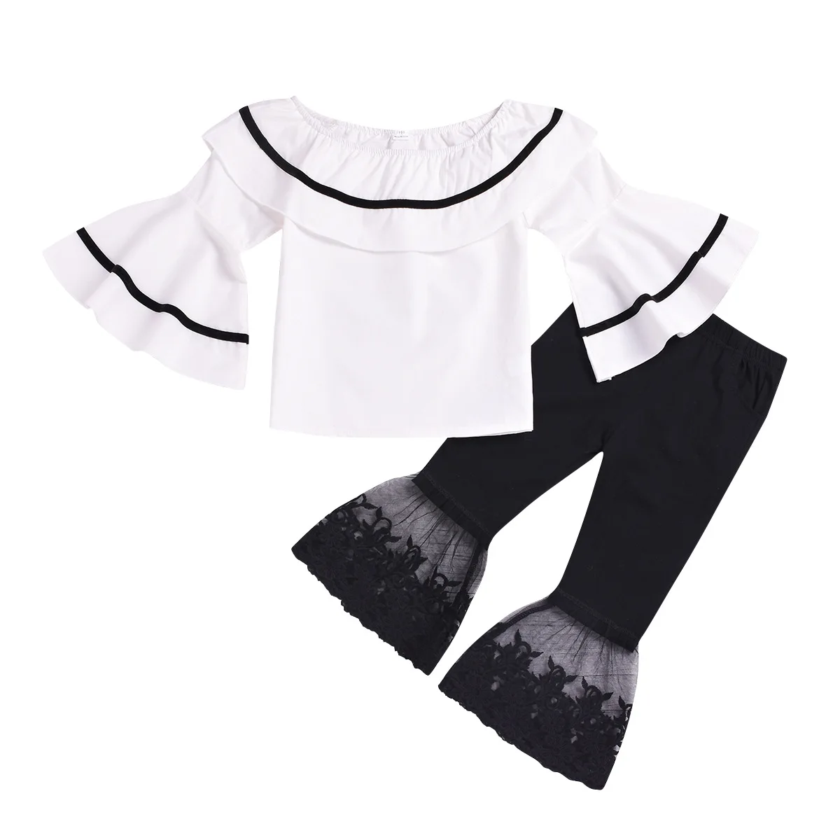 

Children's Clothing Spring and Summer Girls' Suits Ruffled Flared Sleeves Tops Lace Flared Pants Middle and Small Kid's Suits