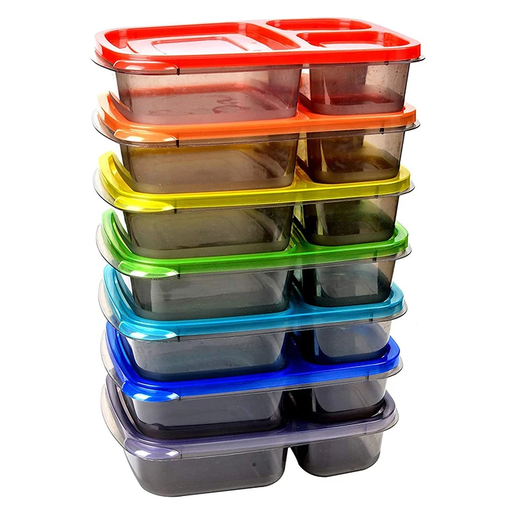 

7 Pack 3 Compartment Bento Lunch Box, Food Grade Meal Prep Containers, Reusable Plastic Divided Food Storage Container