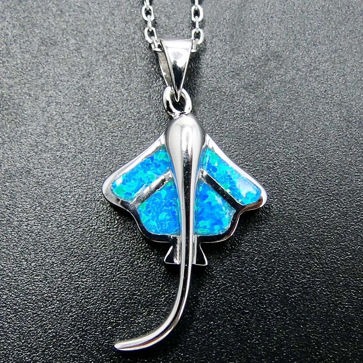 

Solid 925 Silver Ocean Blue Manta Ray Stingray Ray Fish Opal Pendant with Created Opal Jewelry