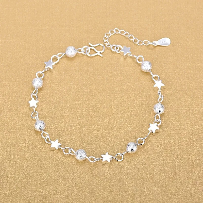 

Star Heart Round Beaded Chain Bracelet  Silver Plated Copper Charm Bracelets For Women Girls Lover Gift, As shown