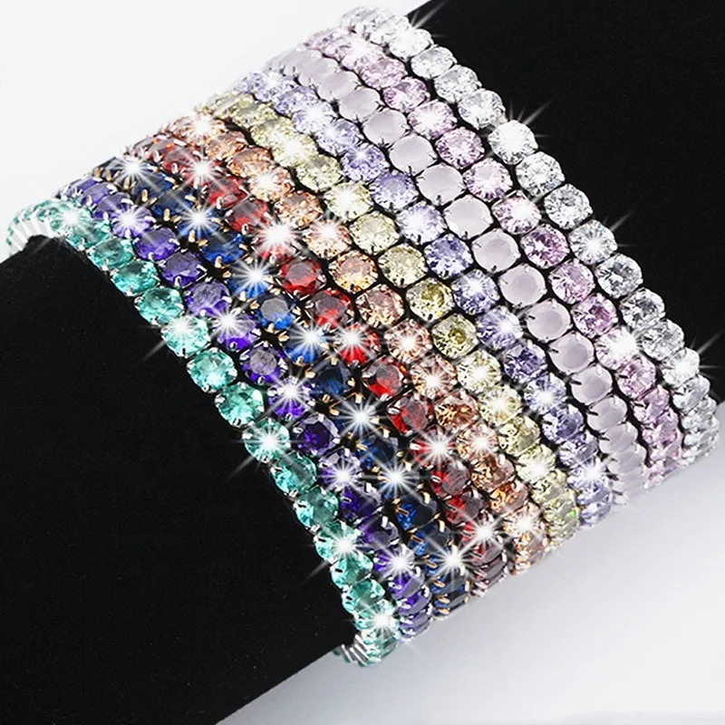 

Wholesale Elastic Rope Colorful Round CZ Cubic Zirconia Tennis Chain Bracelet Glitter Full Diamond Ice Out Jewelry For Women