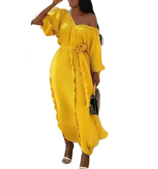 Sexy V-neck Casual Waist Belt Loose Ruffles Women Long Bohemian Dress
