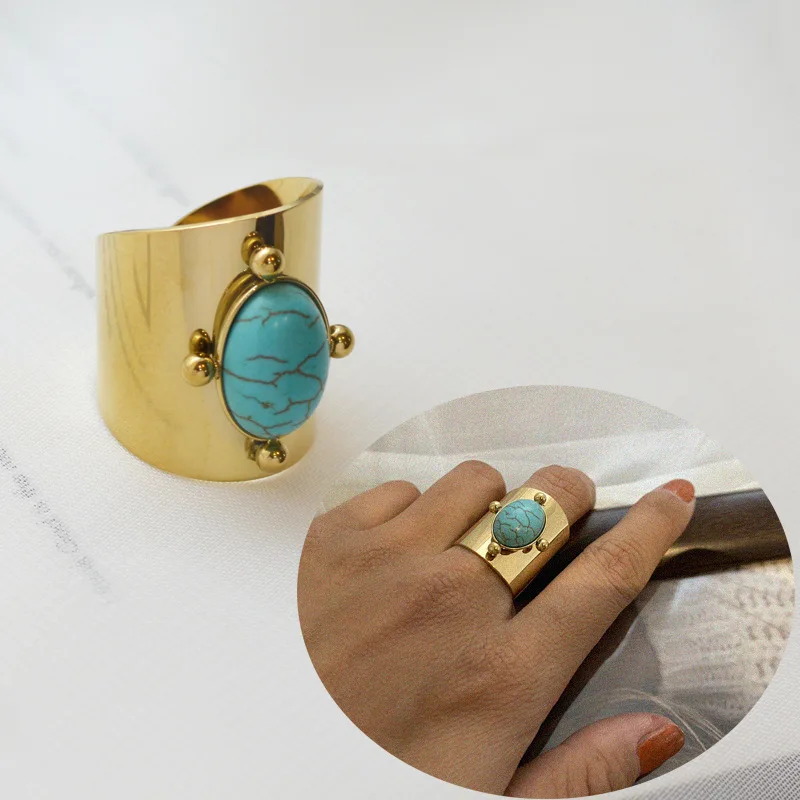 

Chunky 14k Gold Plated Vintage Rings Women Adjustable Stainless Steel Natural Stone Finger Ring