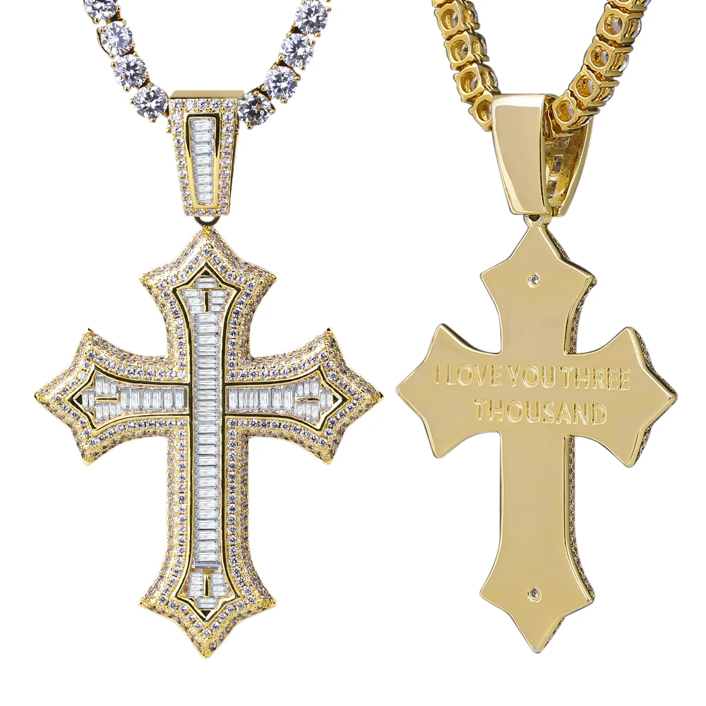 

KRKC&CO Hip Hop Cross Necklace Pendant I LOVE YOU THREE THOUSAND Baguette Diamonds Iced Out 14K Gold Plated Cross Pendant