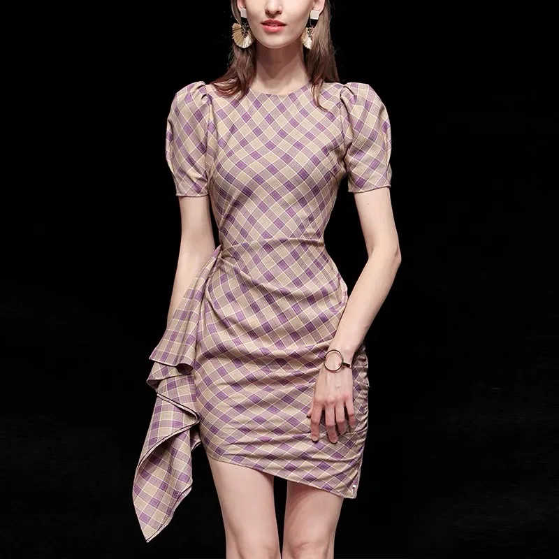 

2021 New Summer Elegant Casual Women'S Ruffle Slim Puff Sleeve Pink Short Dresses Plaid Dress, Picture color