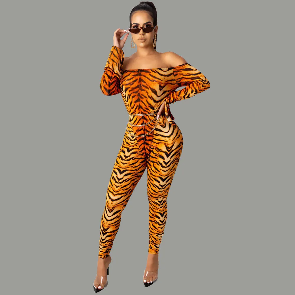 

New Women'S One Shoulder Slim Bodysuit Leopard Print off-the-shoulder Jumpsuit