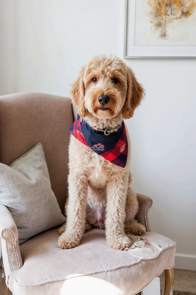 Golden retriever lying on navy blue sectional couch with plants nearby