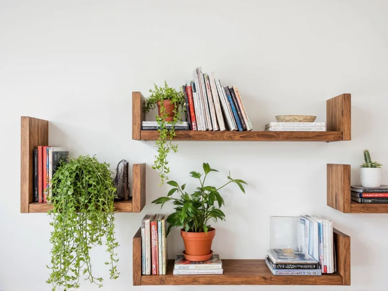 Reclaimed wood shelves holding books and plants