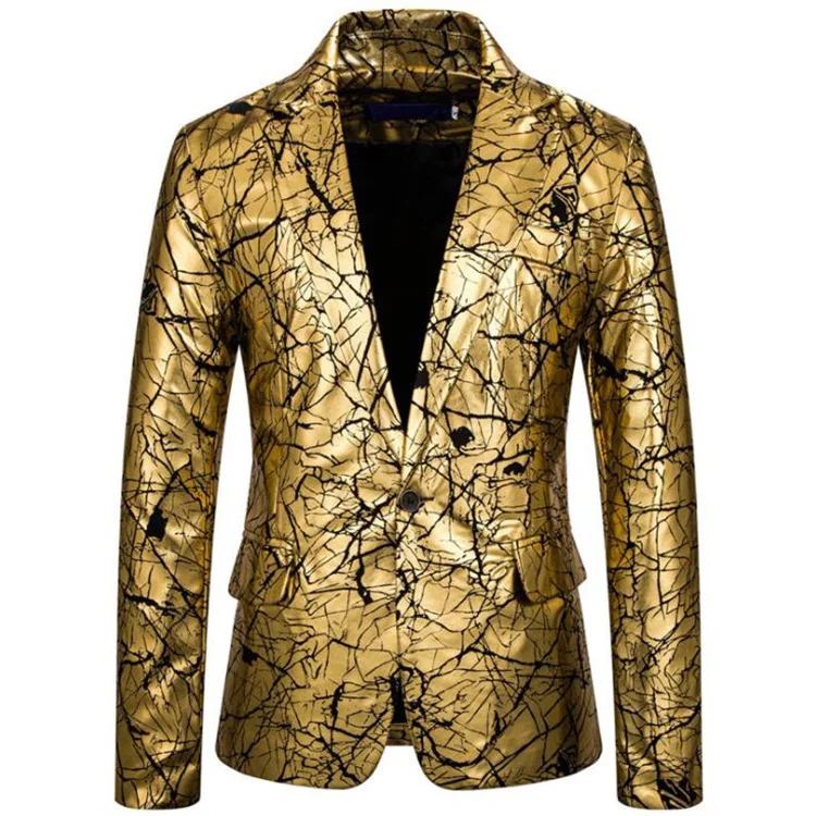

Nightclub Shiny Gold Suit Men One Button Crack Printed Wedding Party Suit Jacket Stage Singers Clothes Mens Tuxedo Blazer Jacket