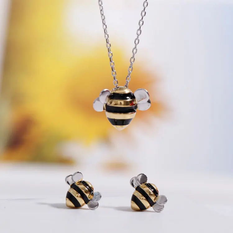 

SC Fashion Honey Bees Pendant Necklace Jewelry Gifts Fine S925 Sterling Silver Cute Bee Happy Necklace Stud Earrings for Women