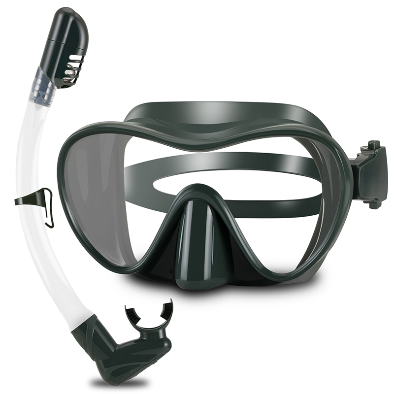 

2021 New design tempered glass lens silicone wide vision diving two piece scuba snorkel mask set, Customized color supported